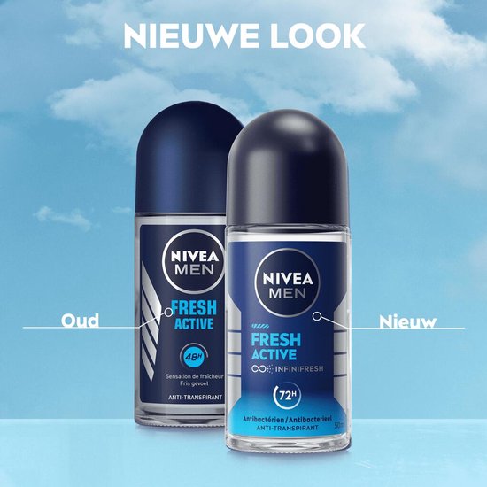 Vergelijking van oude en nieuwe Nivea Men Fresh Active roller deodorant 50ml flacons.