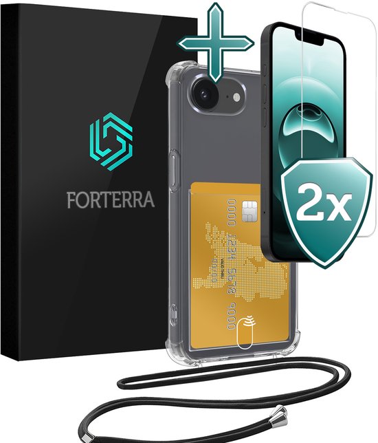Étui pour iPhone 16 avec porte-cartes, étui en Siliconen avec cordon et 2 films de protection d'écran - Étui pour iPhone 16 avec cordon et coque arrière avec porte-cartes - Transparent