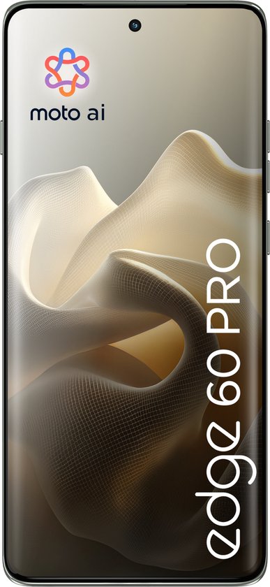 Voorkant van de grijze Motorola Edge 60 Pro smartphone met 'edge 60 PRO' tekst en moto ai logo.