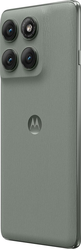 Grijze Motorola Edge 60 Pro smartphone met vier camera's op de achterkant.
