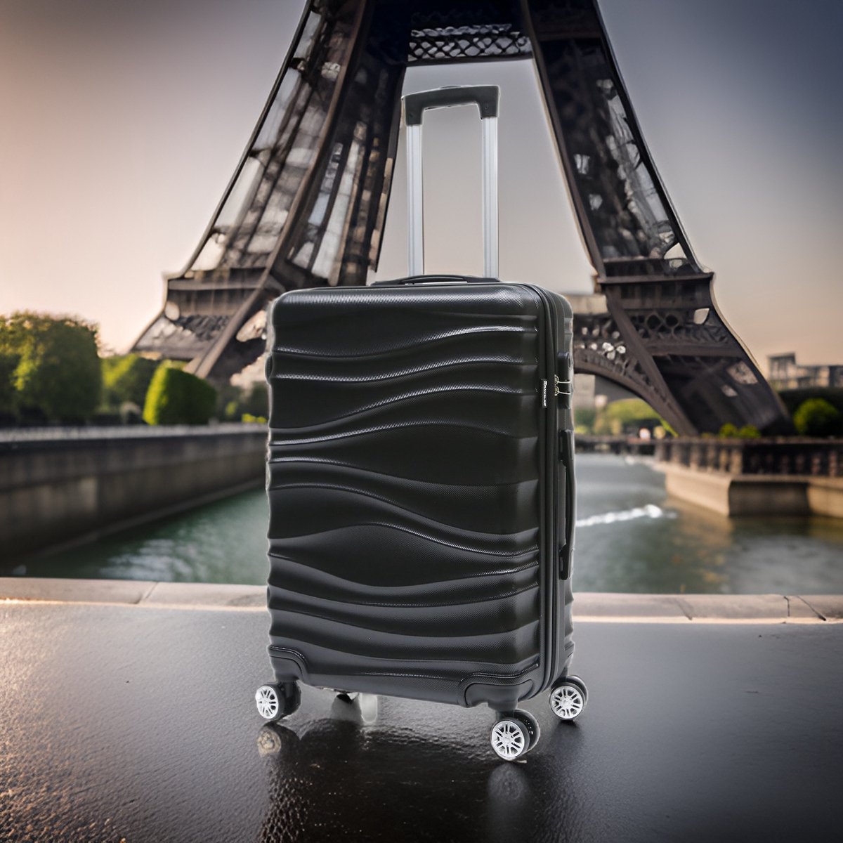 Ruimbagage koffer maat L Black Wave – Lichtgewicht koffer met cijferslot – Reiskoffer op 4 dubbele zwenkwielen – Hardcase koffer – ABS – Zwart - ca. 75x47x31 cm