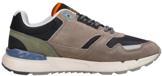 Zijaanzicht van de rechter sneaker in beige suède en zwart mesh, met groene hiel en G-Star label op de tong.
