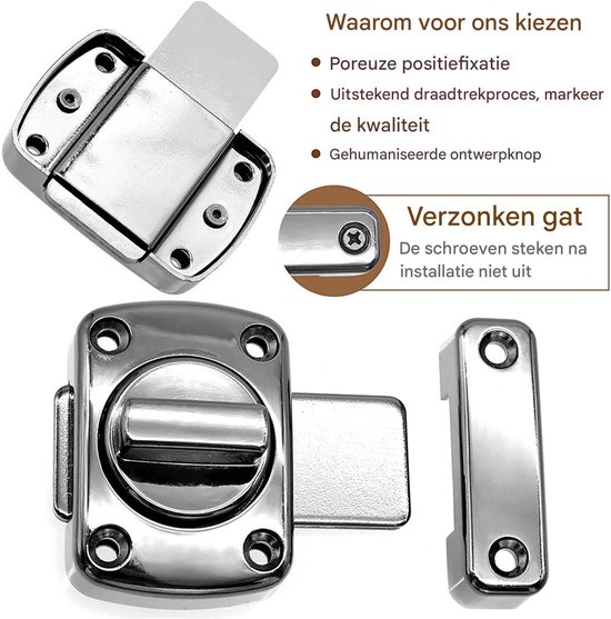 Zilverkleurige deurgrendel van geborsteld roestvrij staal met schroefgaten en details.