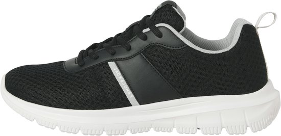 Zwarte mesh sneaker met witte zool en grijze accenten.