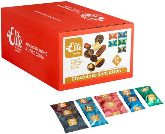 Een doos Elite Chocolate Sensation met diverse chocoladekoekjes en aparte verpakkingen.