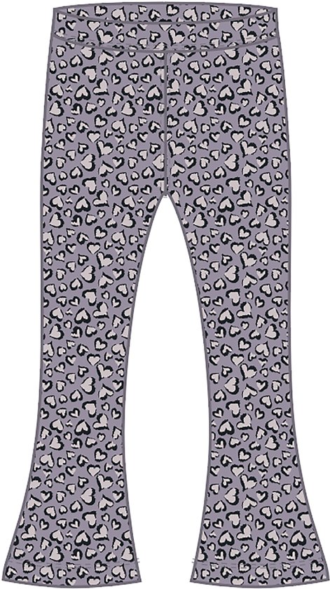 Lila flared broek met all-over hartjesprint in zwart, wit en roze.