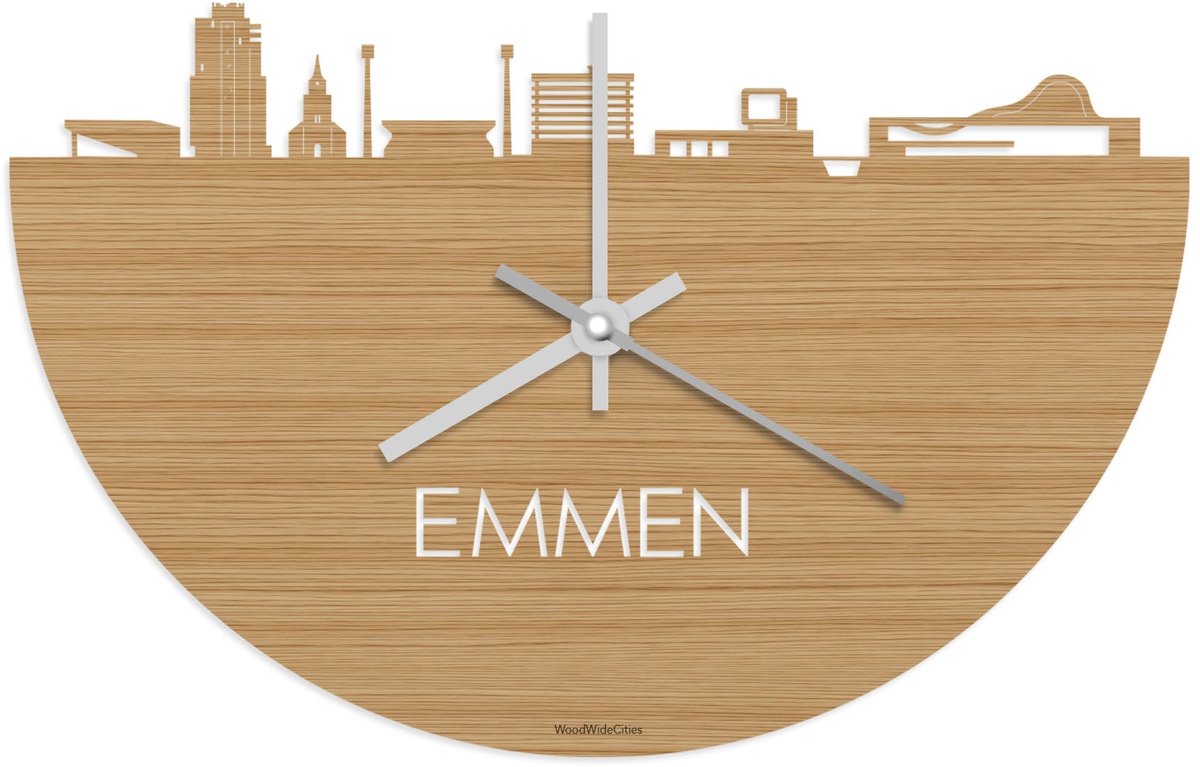 Skyline Klok Emmen Bamboe hout - Ø 40 cm - Stil uurwerk - Wanddecoratie - Meer steden beschikbaar - Woonkamer idee - Woondecoratie - City Art - Steden kunst - Cadeau voor hem - Cadeau voor haar - Jubileum - Trouwerij - Housewarming - WoodWideCities
