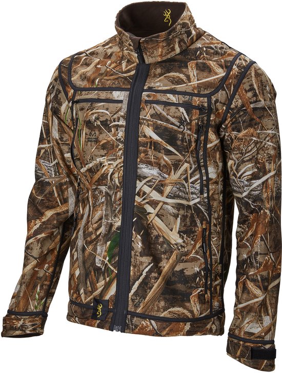 Veste marron avec imprimé camouflage de roseaux et d'herbe, avec fermeture éclair et poches.