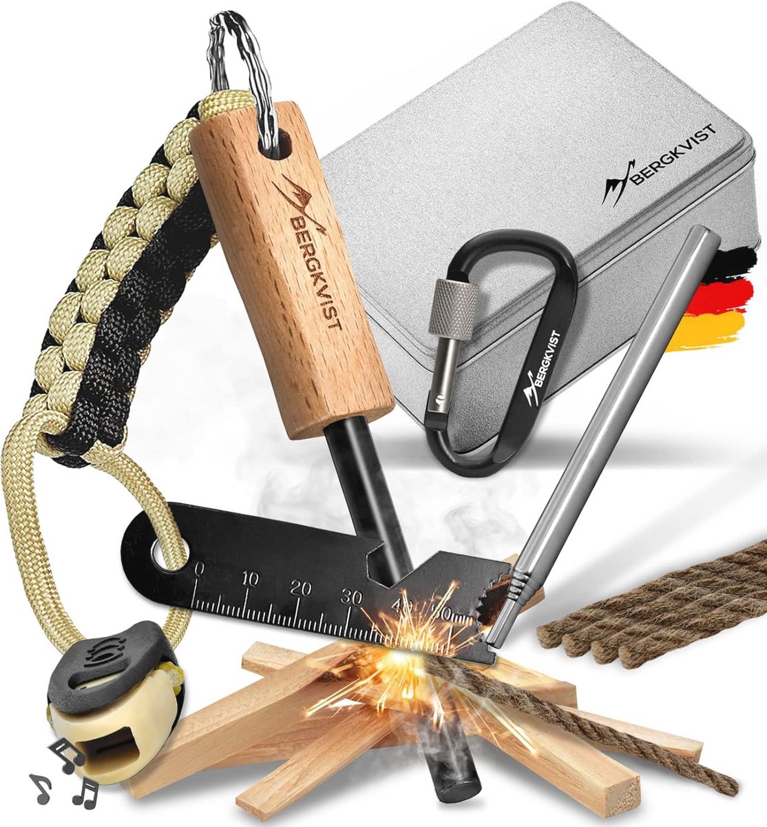 Survivalset 17-delig XL: complete outdoor uitrusting voor vuur maken en noodsituaties