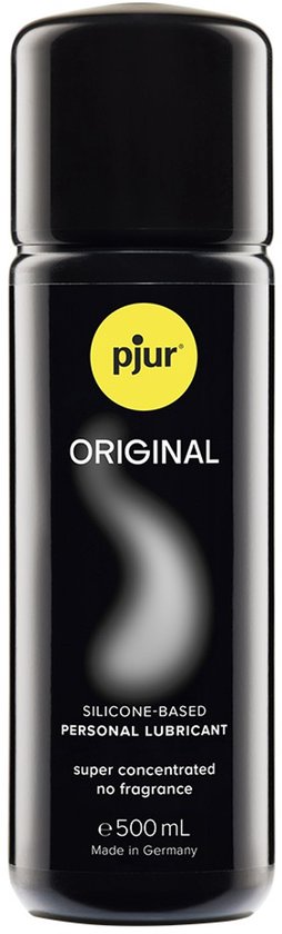 Zwarte fles met pjur ORIGINAL logo. Siliconen glijmiddel, super geconcentreerd, zonder geur. 500 ml.