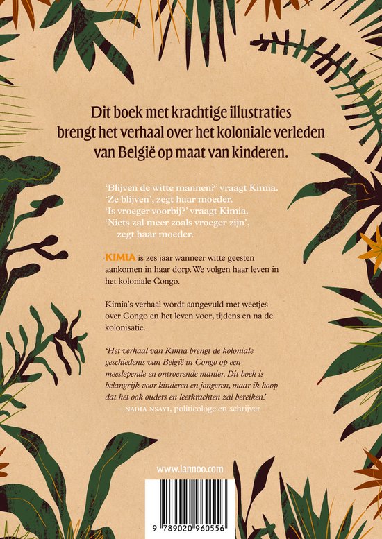 Achterkant van het boek "Kimia in het hart van Congo" met tekst en illustraties van bladeren.