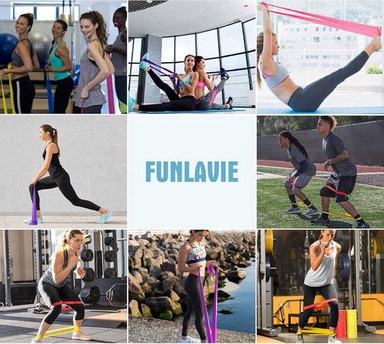 Collage van mensen die verschillende weerstandsbanden gebruiken in diverse settings zoals thuis, buiten en in de sportschool.