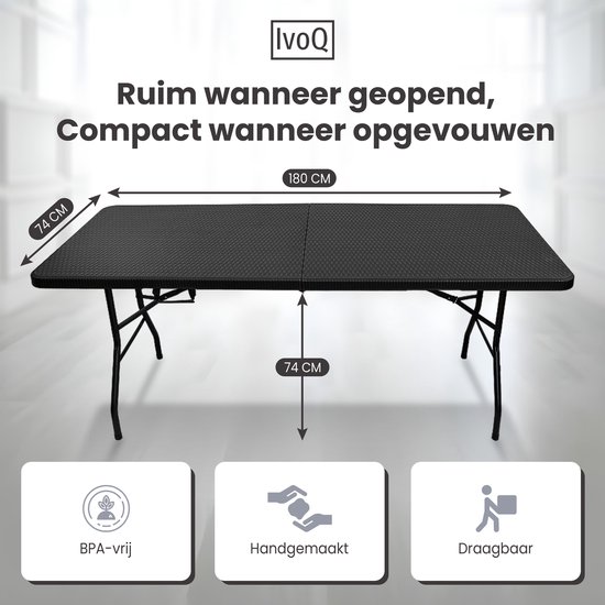 Zwarte klaptafel van 180 cm breed en 74 cm hoog. BPA-vrij.