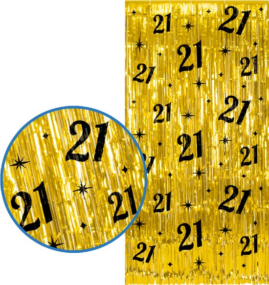 Gouden foliefranje gordijn met zwarte cijfers '21' en sterren. Vergroting toont detail.