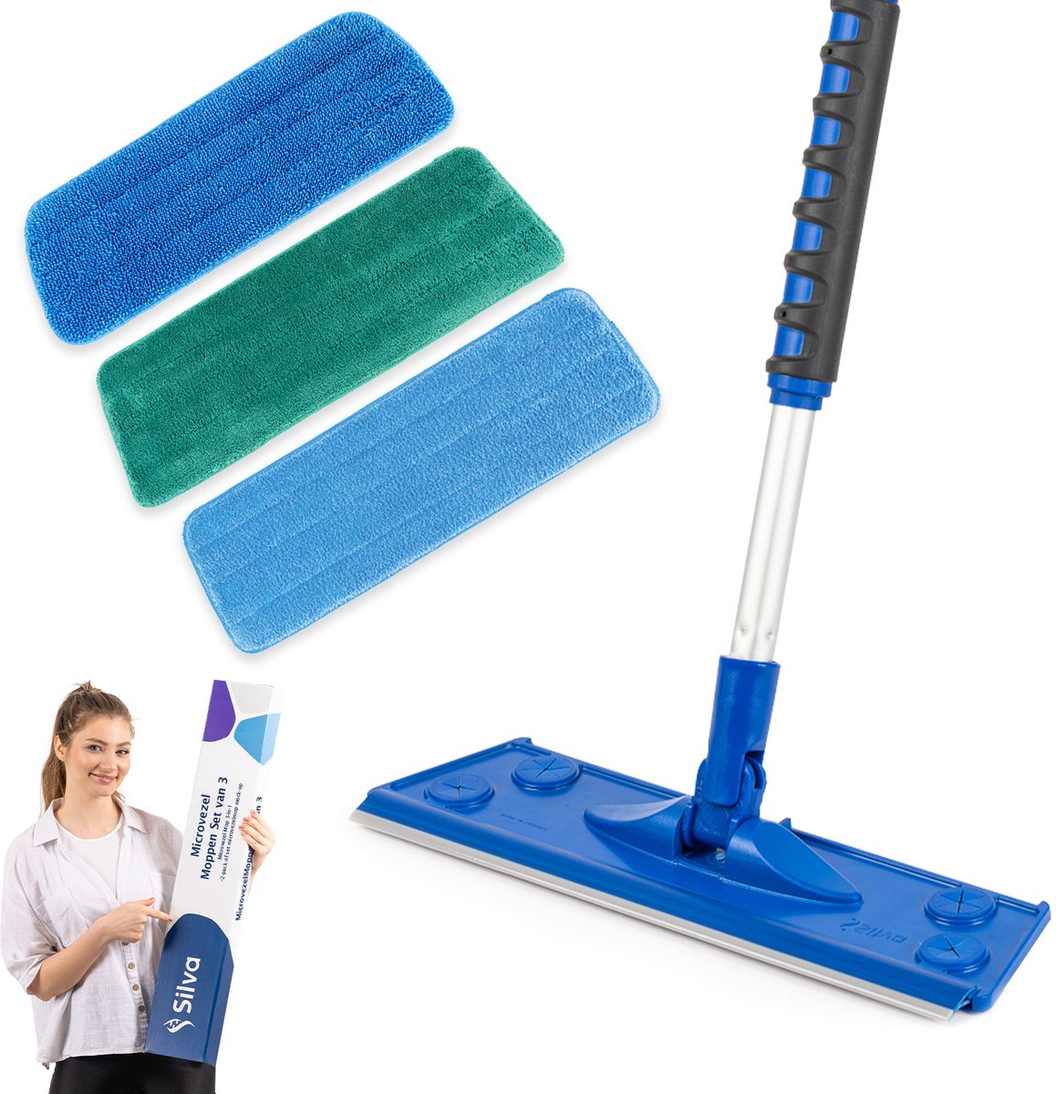Goedkoopste Silva Microvezel Vloerwisser Trekker - Dweil Set van 3 - Telescoopsteel - Muur, Droog en Nat Gebruik