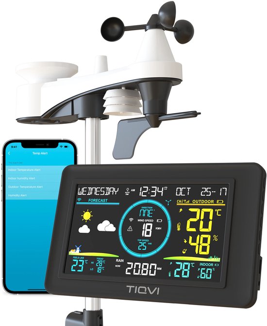 Foto: Tiqvi professioneel 6 in 1 wifi weerstation windsnelheid en regenmeter draadloze buitensensor 7 3 inch kleurendisplay binnen en buiten