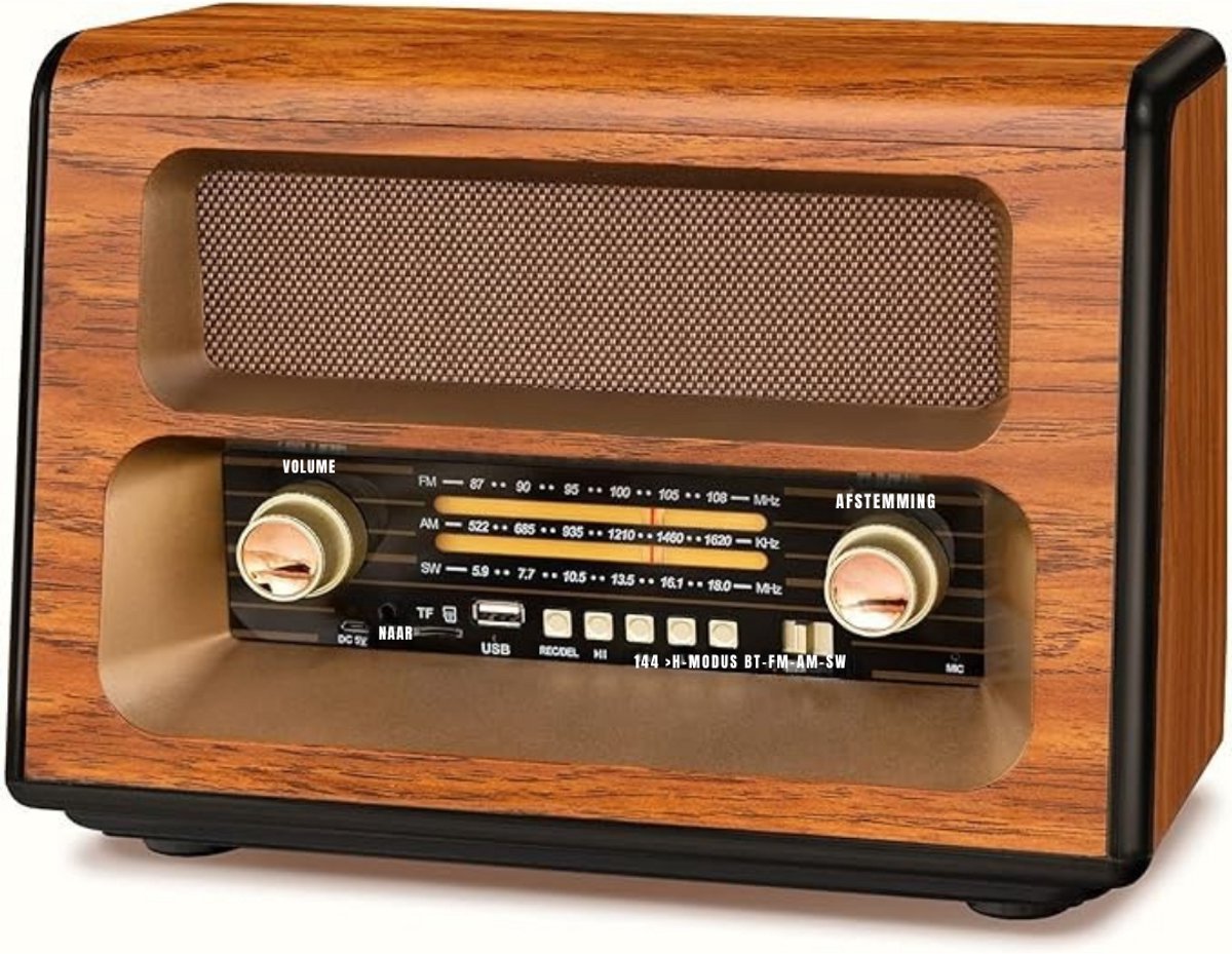 GTB® Transistor Radio Op Batterijen - Transistor Radio - Transistor Radio met Netvoeding - Walnotenhout - 35cm x 20cm x 28cm