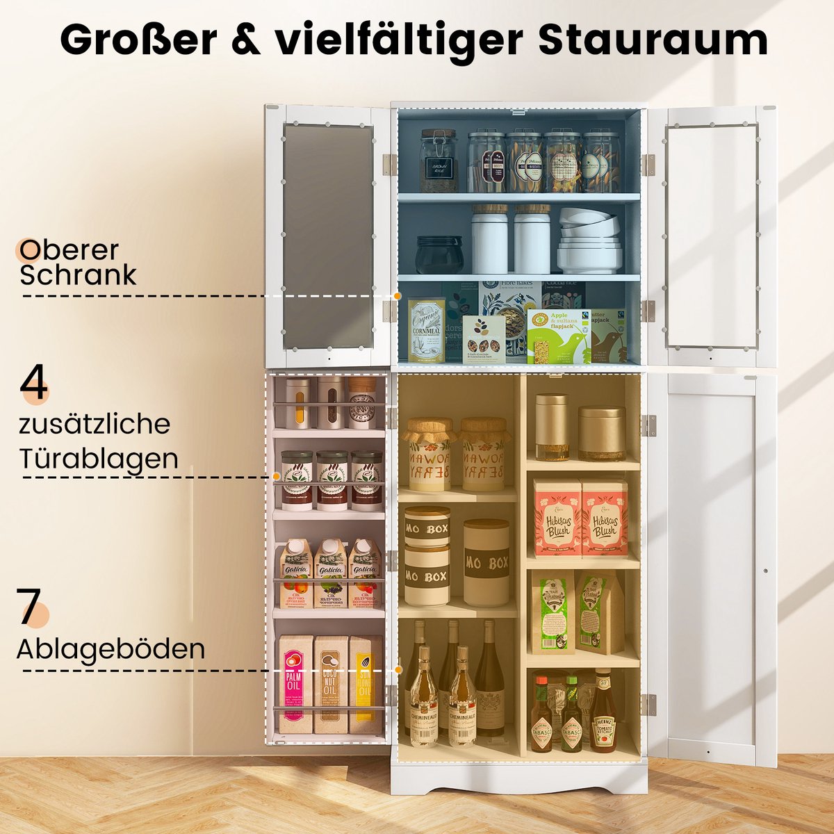 Costway Keukenkast van hout, hoge kast met glazen deuren, keukenbuffet, vrijstaand, multifunctioneel, met kantelbeveiliging, opbergkast voor keuken, eetkamer, woonkamer, 60 x 31,5 x 161,5 cm — cadeau in Cadeau-ideeën - foto 7