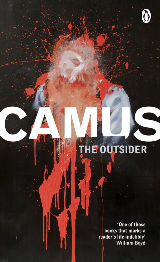 Boek 'The Outsider' van Camus met een abstracte, rood en wit geschilderde figuur op een zwarte achtergrond. De titel 'CAMUS THE OUTSIDER' staat in grote witte letters.