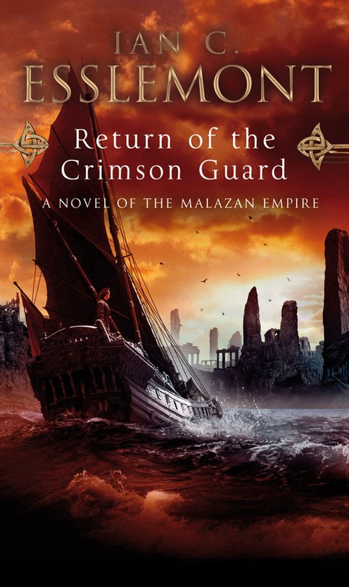 Boekomslag van 'Return of the Crimson Guard' met een galjoen op woeste zee voor een stormachtige lucht.