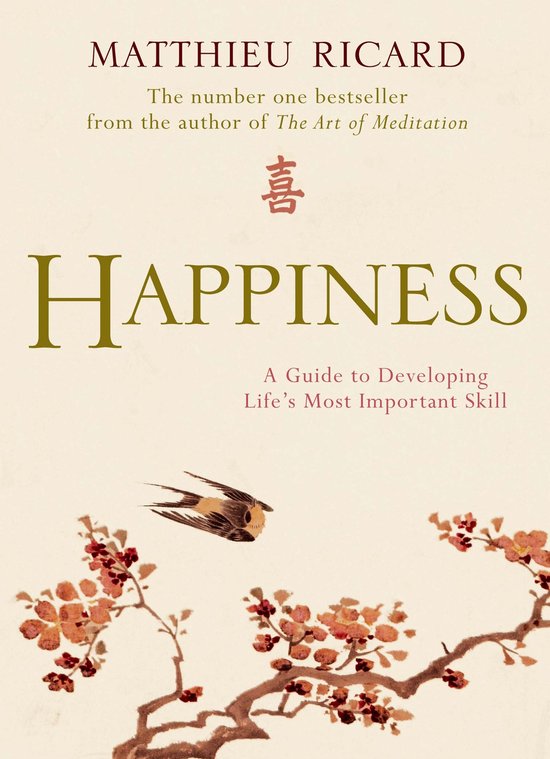 Livre 'HAPPINESS' par Matthieu Ricard, illustré d'un oiseau sur une branche fleurie.
