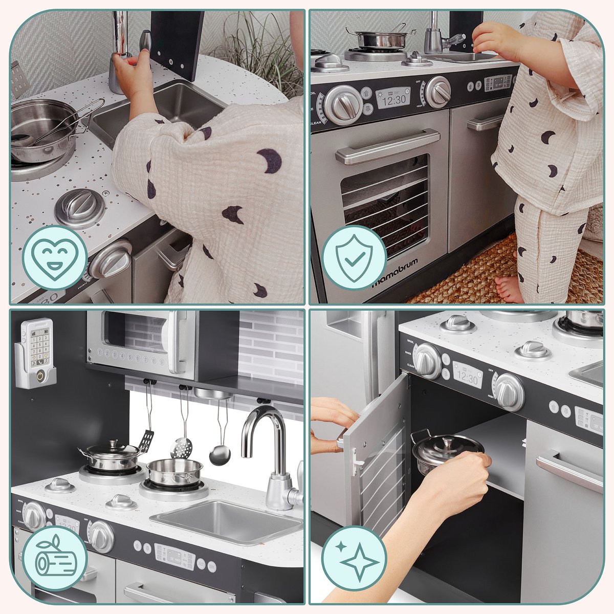 Keukentje Mamabrum XL Speelgoed houten speel keuken kinderkeukentje Speelkeuken eten speelgoedkeukentje Met accesoires pannen keukengerei set speelkeukentjes en toebehoren koken keukenschort keukenset kinderen voor ook 2 jaar, Hout, Grijs — afbeelding 10