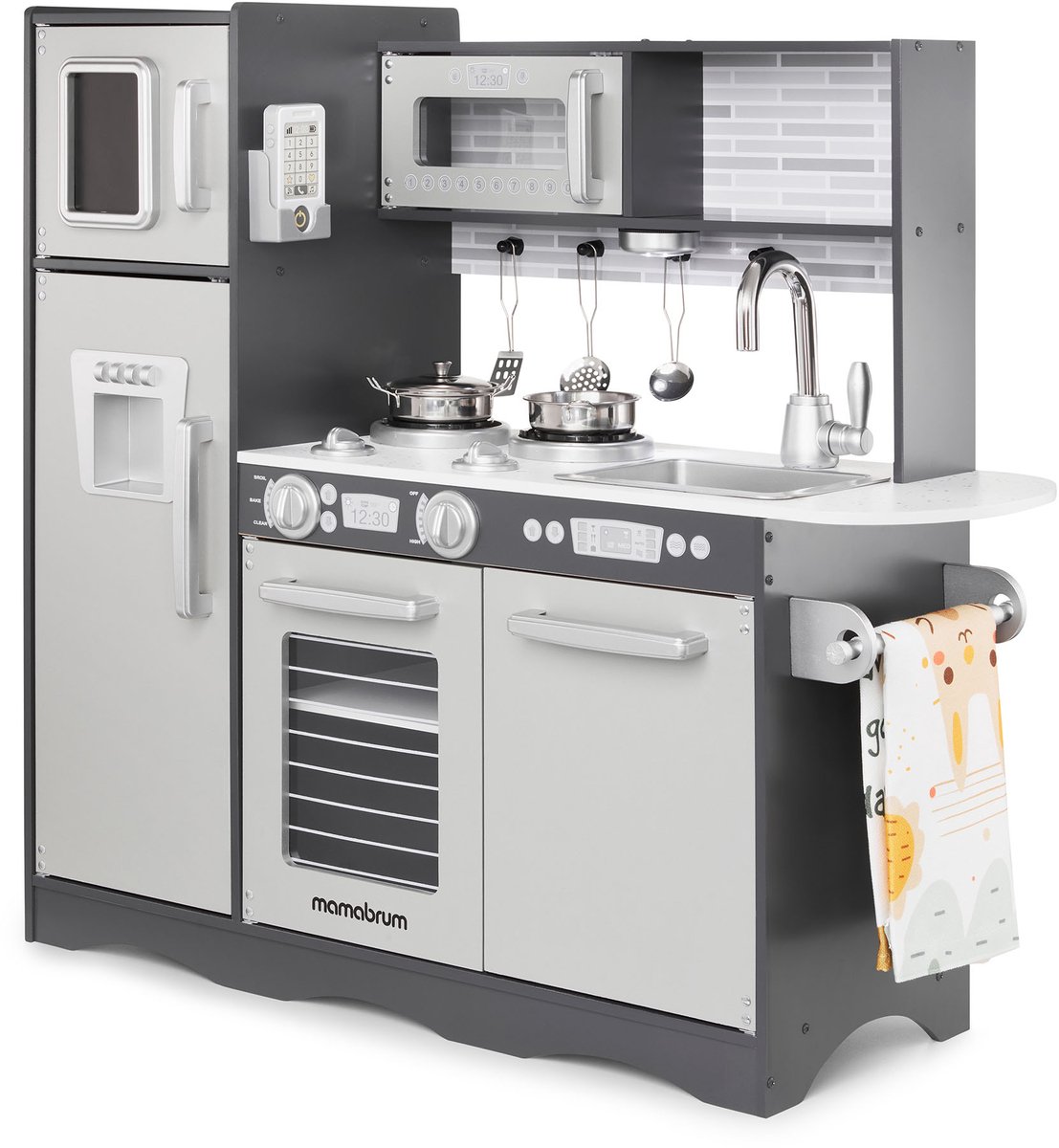 Keukentje Mamabrum XL Speelgoed houten speel keuken kinderkeukentje Speelkeuken eten speelgoedkeukentje Met accesoires pannen keukengerei set speelkeukentjes en toebehoren koken keukenschort keukenset kinderen voor ook 2 jaar, Hout, Grijs — afbeelding 19