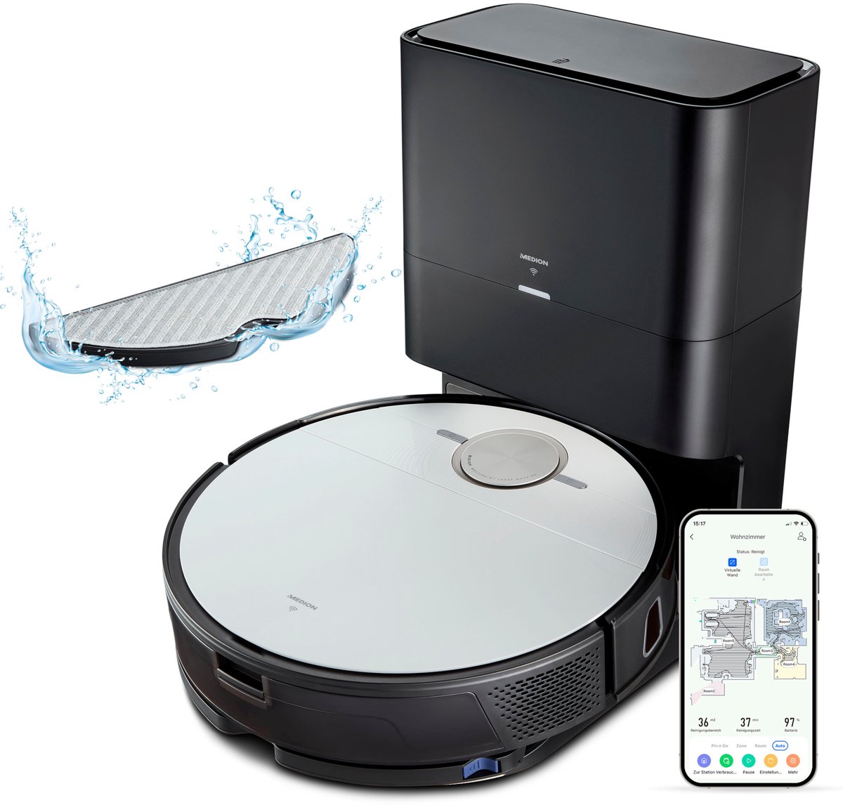 MEDION Robotstofzuiger met zuigstation en veegfunctie X50 SW (lasernavigatie, krachtige 8000Pa zuigkracht, Alexa 2in1 robotstofzuiger, nauwkeurig in kaart brengen, Go & No Go gebieden, meerdere vloere