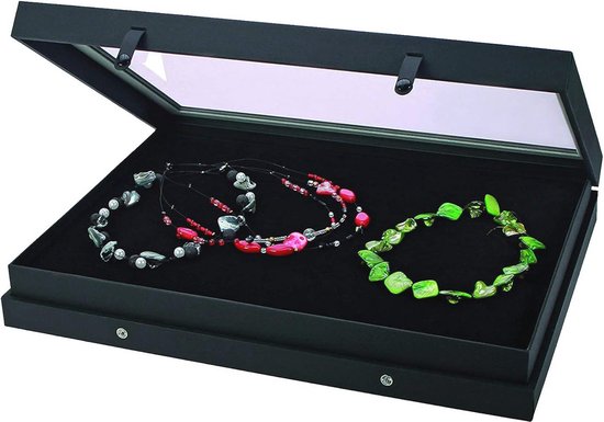SAFE 5678 Verzamelvitrine Black Edition met deksel van echt glas | matzwart linnen structuur oppervlak | Set case voor juwelen, edelstenen, mineralen | 40 x 30 x 5,5 cm