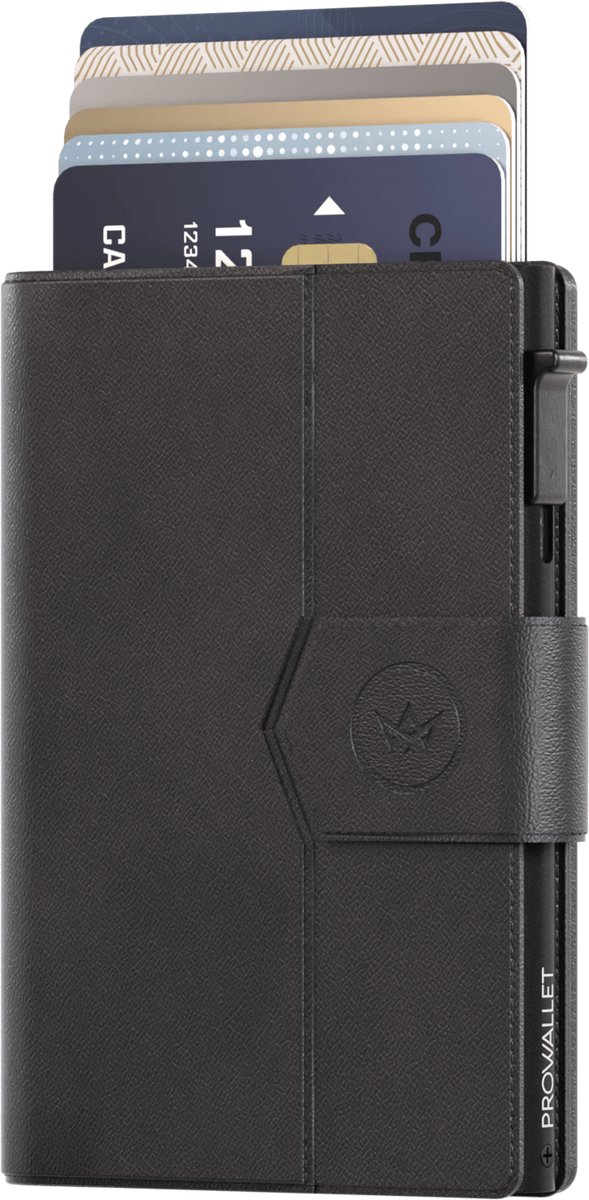 Prowallet Plus - Zwart - Pasjeshouder voor 8 pasjes, briefgeld en muntgeld - Uitschuifbaar - RFID Creditcardhouder - Kaarthouder Portemonnee, Premium Pashouder voor Mannen - Aluminium, Kunstleer - Incl. Luxe Cadeaubox