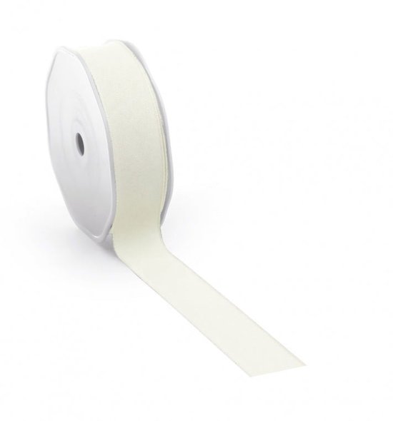 Rol met crème katoenen cadeaulint van 38 mm breed op een witte plastic spoel.