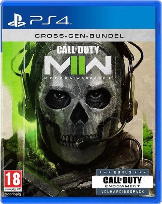 PlayStation 4 speldoos voor Call of Duty: Modern Warfare II, Cross-Gen Bundel. Het toont een schedel met headset. "18 Volhardingspakket"