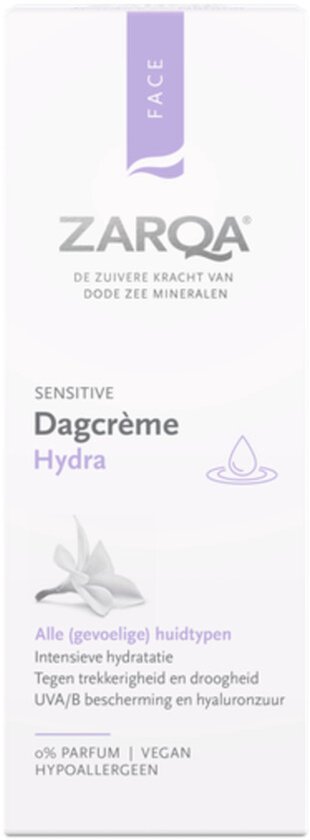 Gezichtszuivering Sensitive Dagcrème Hydra van ZARQA in een witte kartonnen verpakking met paarse accenten.