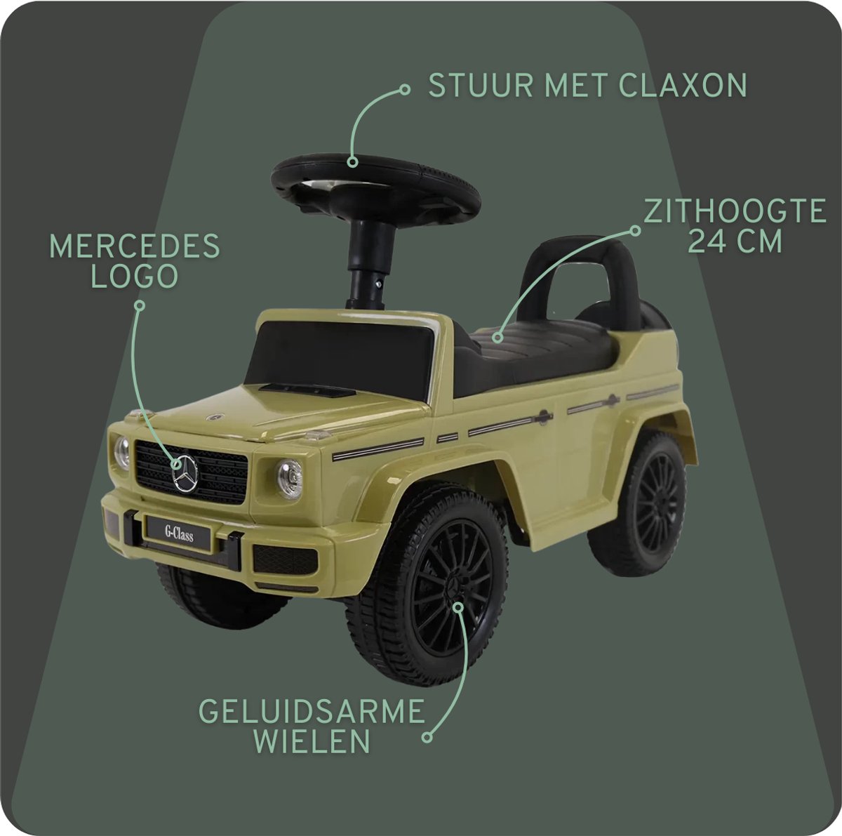 Bandits & Angels Loopauto Mercedes Benz G350D Retro Groen met Claxon vanaf 1 jaar voor Jongens en Meisjes - Stimuleert Motorische Vaardigheden - Loopwagen 24 cm - Groene Loop Auto — afbeelding 13