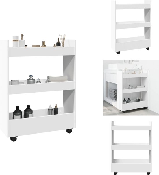 vidaXL Chariot de rangement - Chariots de rangement - Armoire de bureau roulante - Armoire roulante - Chariot de rangement étroit à 3 niveaux en bois traité blanc