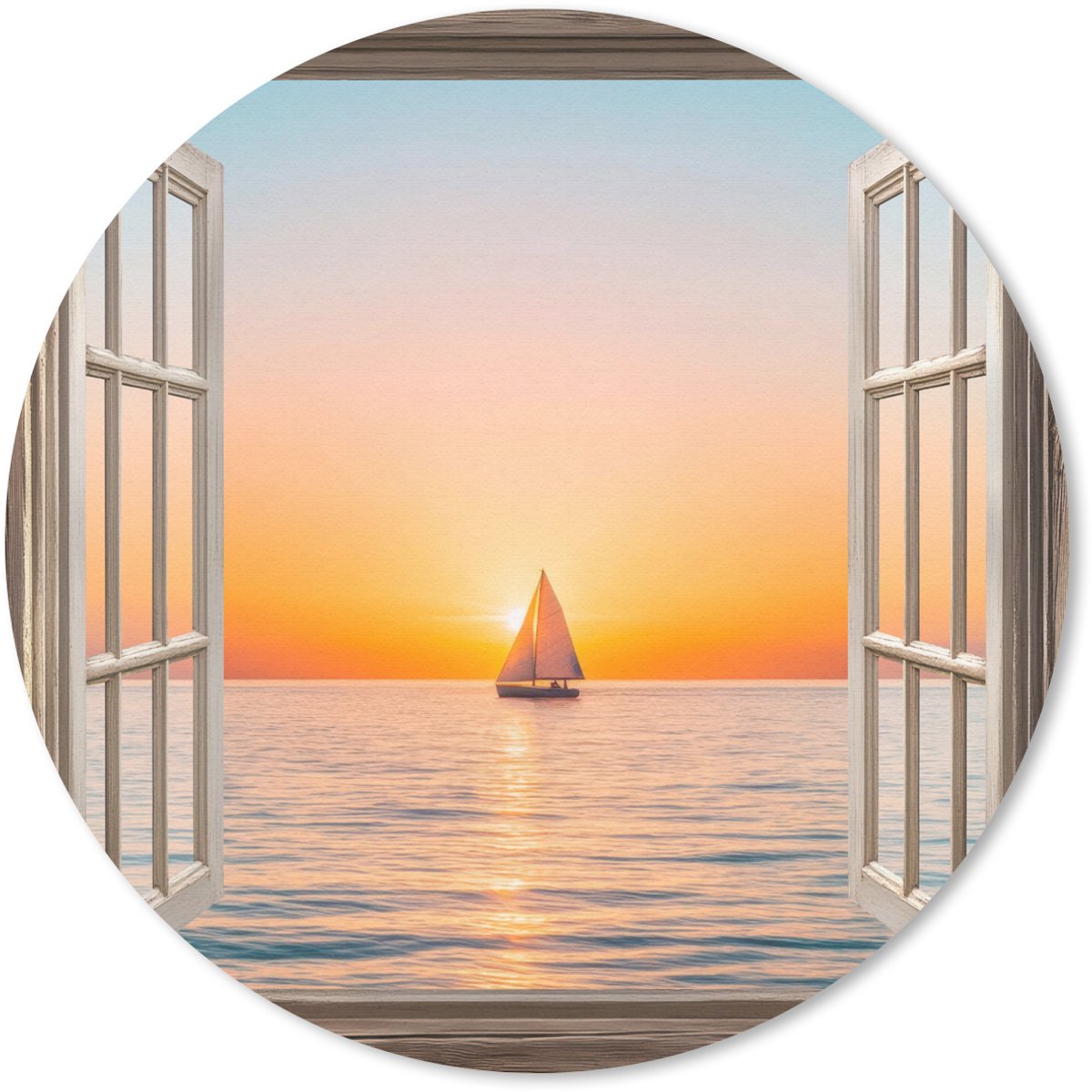 Muismat rond 50x50 cm - Mousepad Doorkijk - Zee - Boot - Zonsondergang - Ronde muismatten