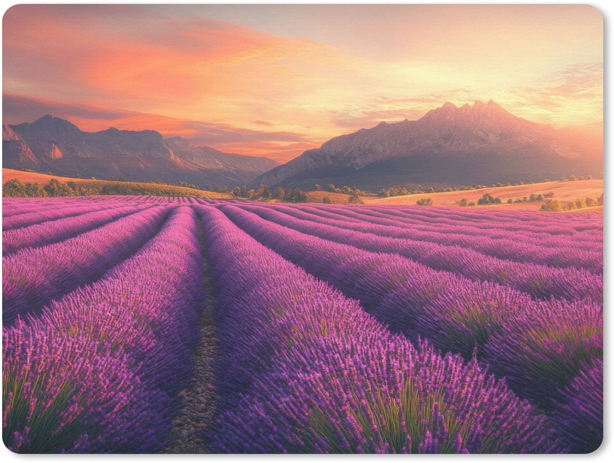 Muismat 23x19 cm - Mousepad Lavendelveld - Zonsondergang - Paars - Muismatten