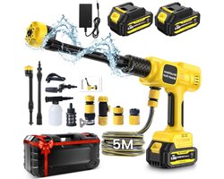 6-in-1 Accuhogedrukreiniger - Hogedrukspuit - Draagbare Terrasreiniger - Elektrische Straalsproeierpistoolkit - Krachtige Borstelloze Motor - 5M Slang - 2 x 4.0 Ah & Oplader - voor Auto - Tuin - Huisdier - Terras - Reiniging - Geel
