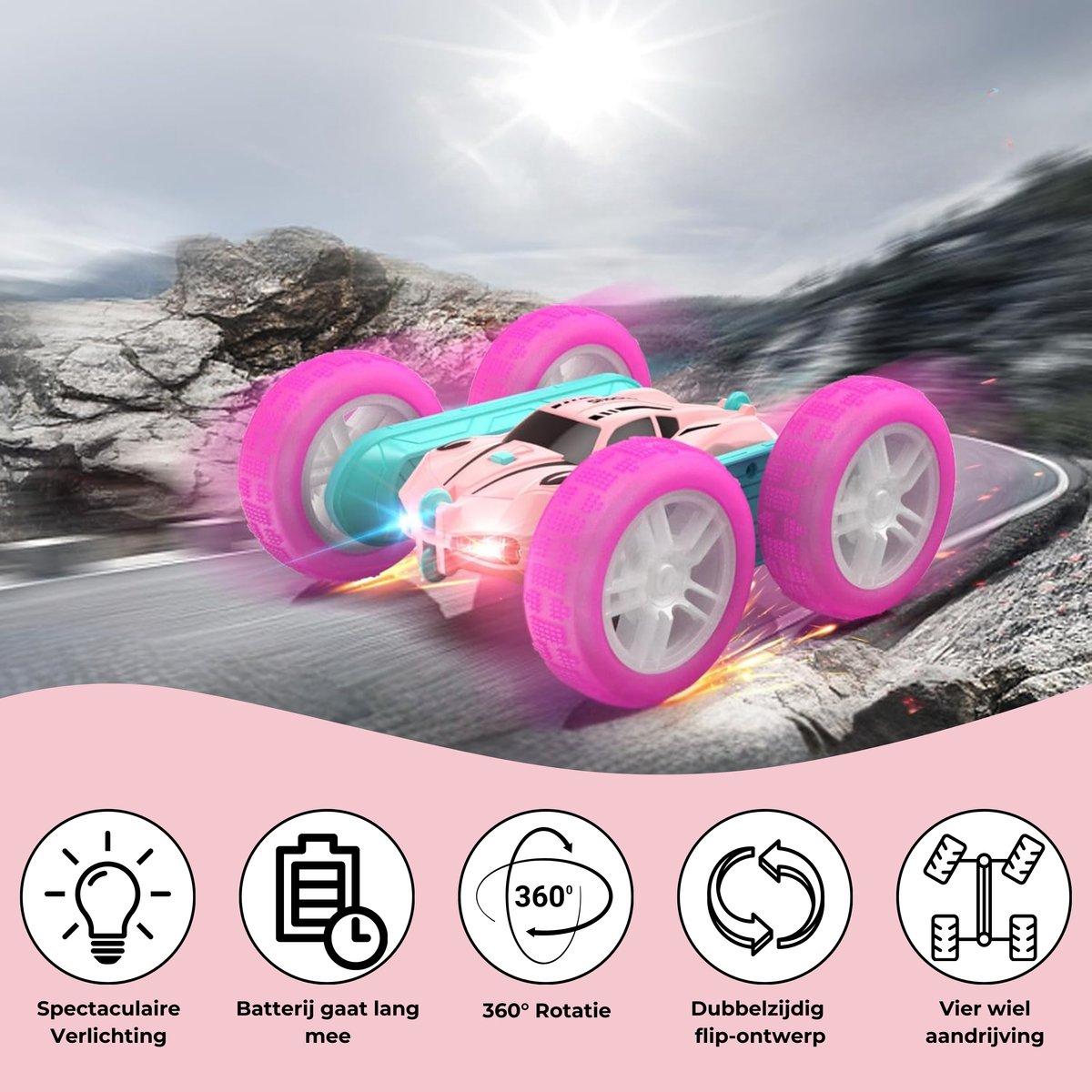 Boncy® Bestuurbare RC Auto Offroad - 360 Stunt Roze - Jongens Meisje Volwassenen - Speelgoed Binnen & Buiten - Afstandbestuurbaar Race Drift Car - Afstandsbestuurbaar Raceauto Accu - Stuntauto - Bestuurbaar Snel Elektrisch Autos Afstandsbediening — afbeelding 7