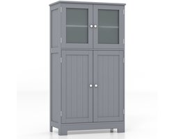 COSTWAY 4-deurs badkamerkast, woonkamerkast vrijstaand, opbergkast met glazen deuren, keukenkast hout met verstelbare plank, multifunctionele kast voor hal, woonkamer, kantoor, grijs