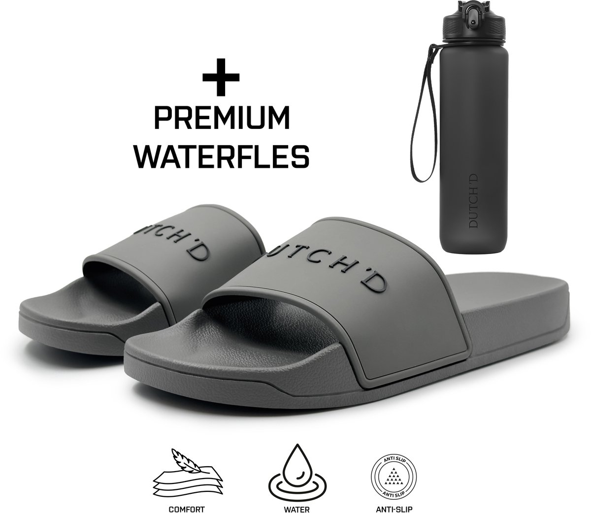 Badslippers + Waterfles - Badslippers Heren - Badslippers Dames - Slippers Heren en Dames - Dubbele maten - Unisex - Slippers - Badslipper - Maat 39/40 - Antraciet - Anti Slip- Sauna slippers
