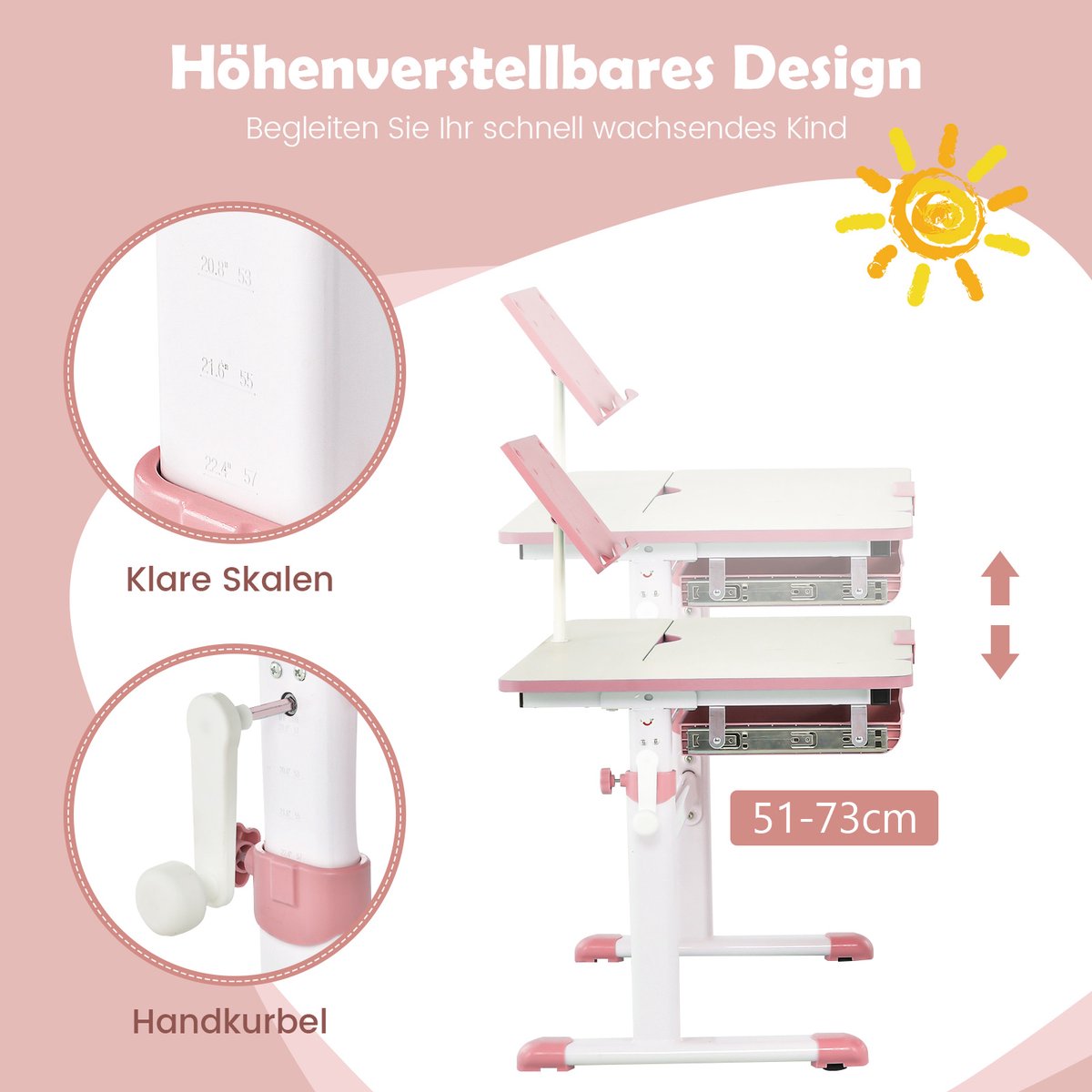tectake® Bureau met Lade - 109 x 55 cm - In Hoogte Verstelbaar en Kantelbaar - (Roze | Nr. 400926