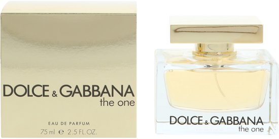 Dolce & Gabbana The One Eau de Parfum, 75ml. Gouden doosje naast een glazen parfumfles met gouden dop.