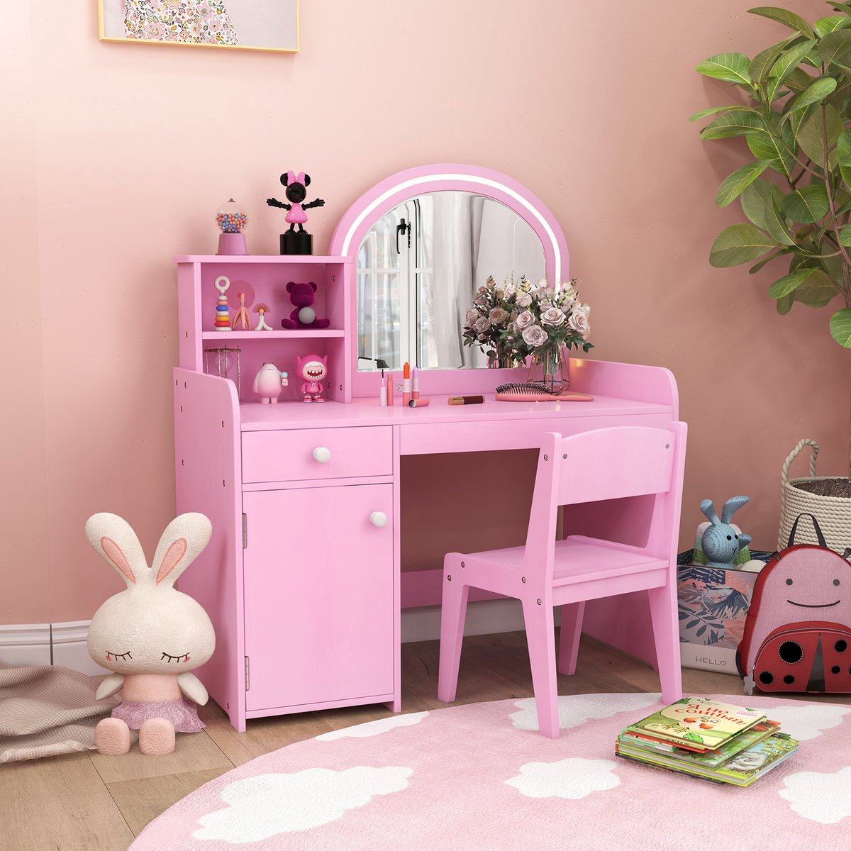 COSTWAY 2-in-1 kinder kaptafel, make-uptafel met kruk, ledverlichting, spiegel, kast en lade, kinderkaptafelset, kaptafel van hout voor meisjes, voor kinderen vanaf 3 jaar (roze) — afbeelding 4