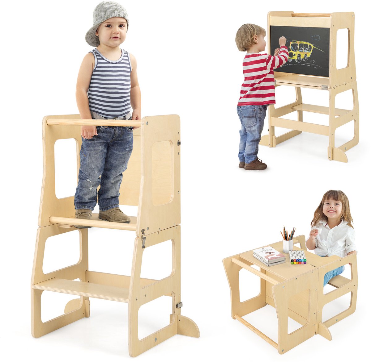 COSTWAY 3-in-1 leertoren voor kinderen, opvouwbare opstapkruk, schoolbord en kindertafel set, Montessori-opstapkruk, sta-toren, leerstoel voor kinderkamer, keuken, badkamer vanaf 3 jaar Natuur