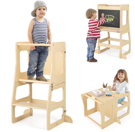 Labebe Montessori leertoren voor kinderen, opvouwbare Montessori leertoren, 3-in-1 opstapkruk, leerstoel, kinderkruk met tafel keukenhulp vanaf 18 maanden (hout