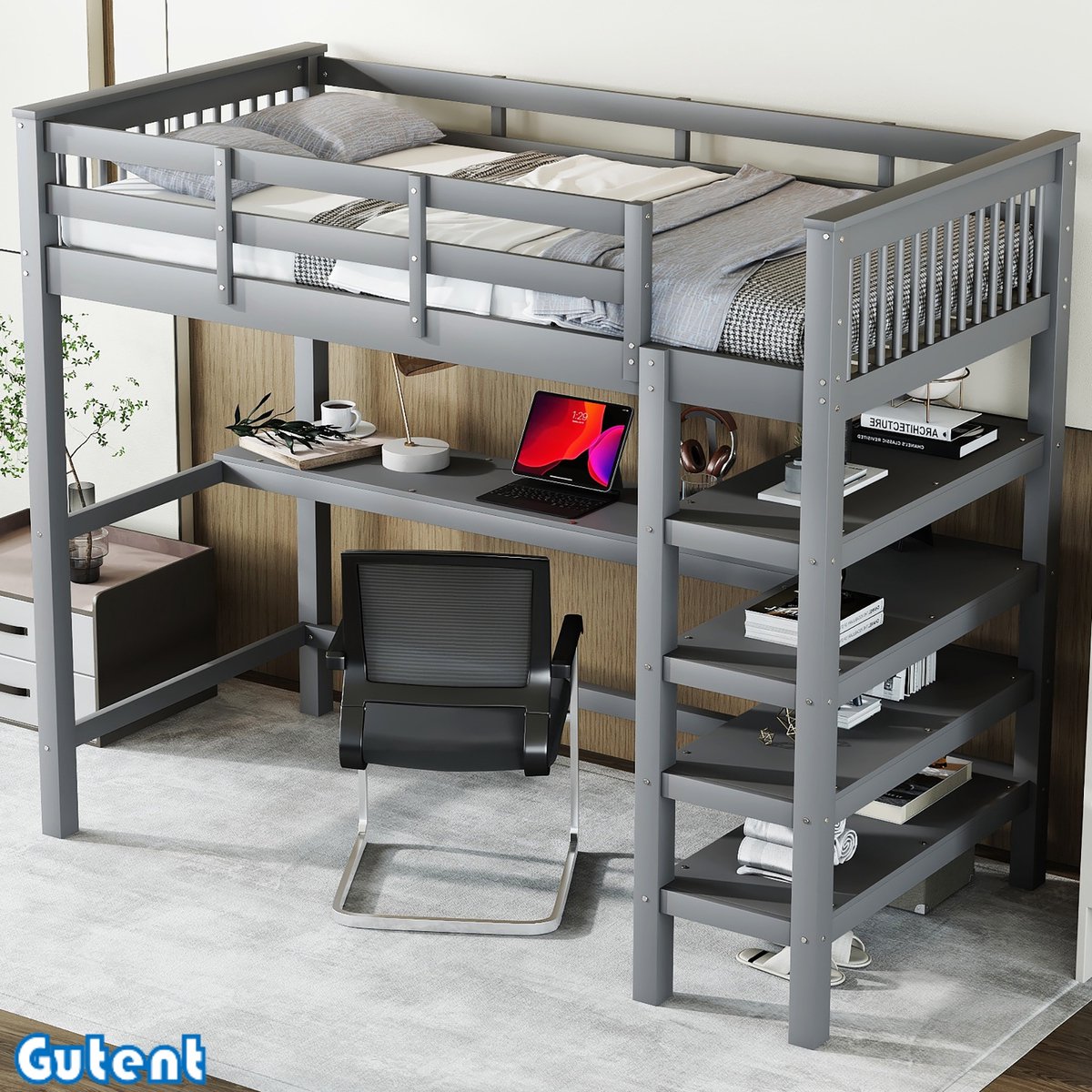 Gutent Kinderhoogslaper（Geen stoelen） - 90 x 200 cm - met opbergvak en bureau onder het bed - zonder matras - Grijs
