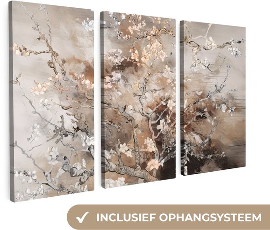 Canvas schilderij set 120x80 cm - Wanddecoratie drieluik - Amandelbloesem - Abstract - Beige - Muurdecoratie woonkamer - Slaapkamer decoratie - Kamer accessoires - Schilderijen op canvas