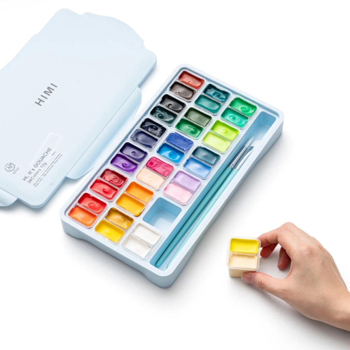 HIMI - Gouache - Twin split cups - set van 36 kleuren - 12g - 3 penselen - Ice Blue — afbeelding 14