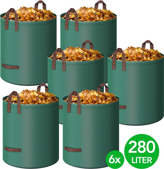 Set van zes groene afvalzakken, gevuld met herfstbladeren. Elk 280 liter.